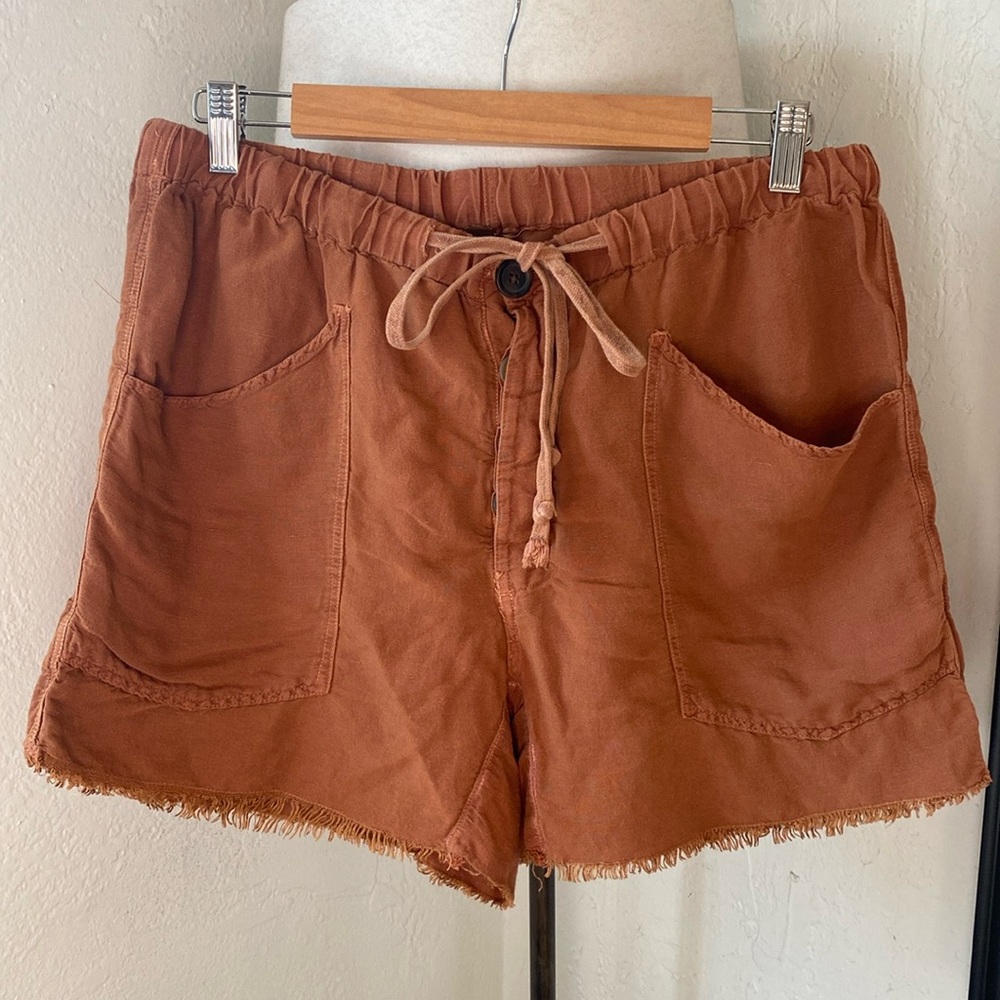 FP Linen High waisted Soft Shorts Burnt Orange Rust Raw Cutoff Hem Summer